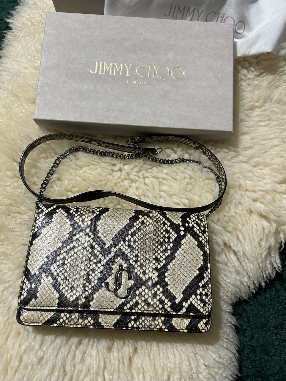 Jimmy Choo Black & Cream Snake-Print Shoulder Bag